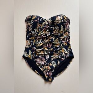 Anne Cole Floral One Piece Swimsuit Blue Tropical Ruched Bandeau Sz 16 Vacation